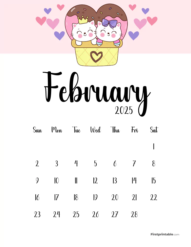 Cute Cat February 2025 Calendar