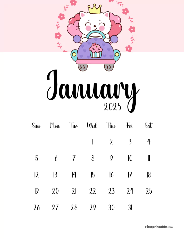 Cute Cat January 2025 Calendar