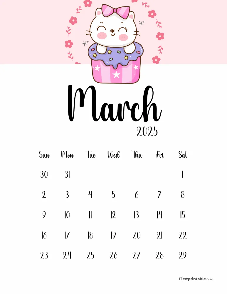 Cute Cat March 2025 Calendar