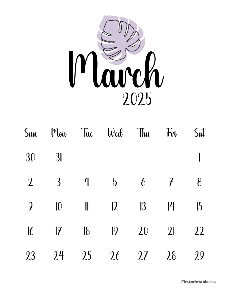 Cute Monstera March 2025 Calendar