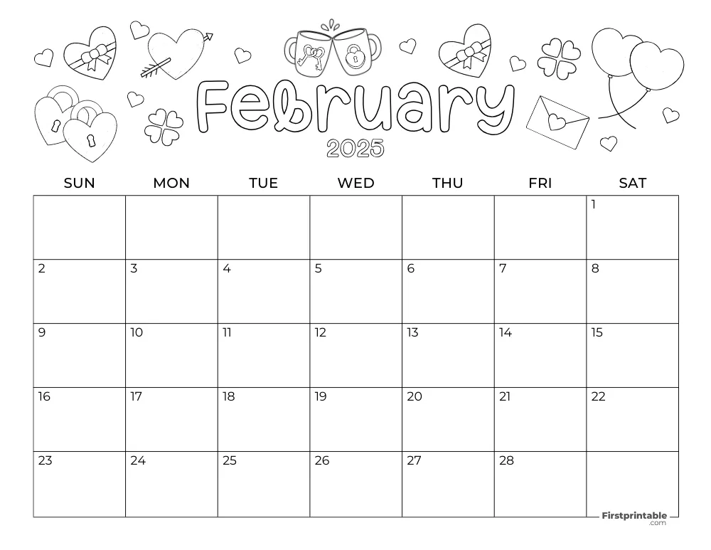 February 2025 Calendar Valentine's Day Themed