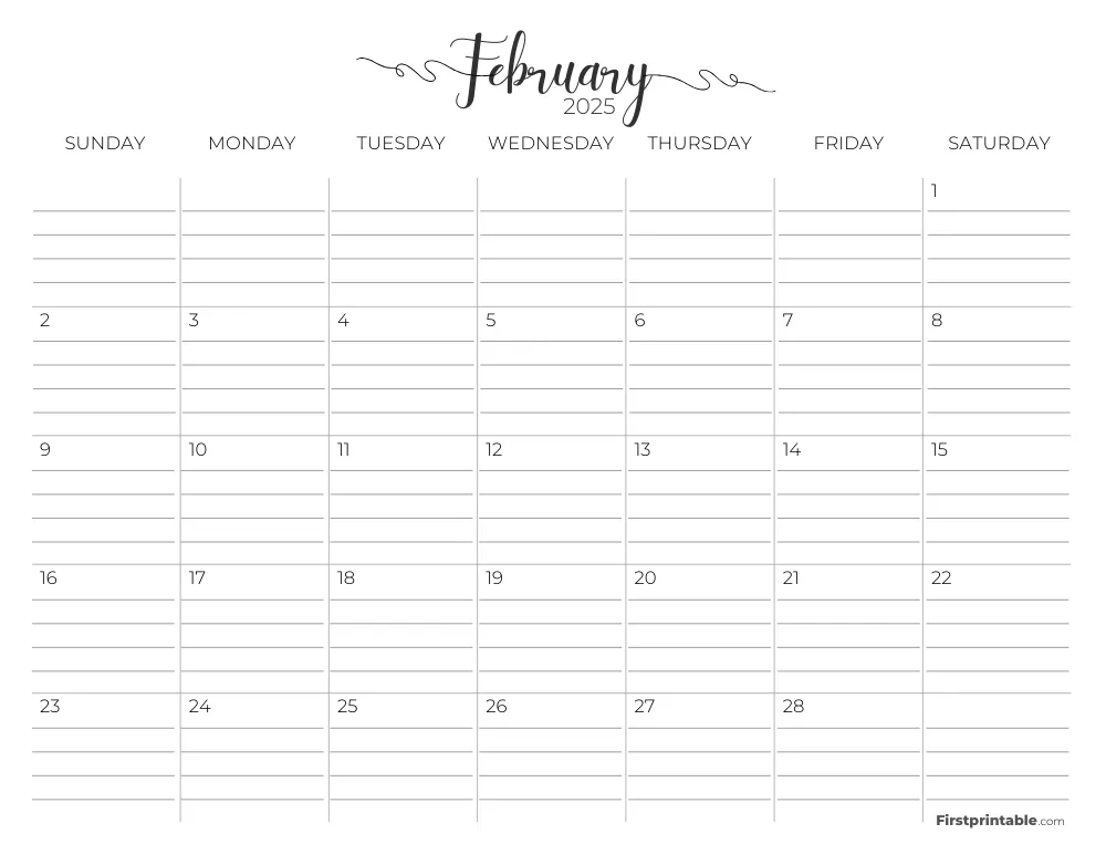 February 2025 Calendar with lines 02