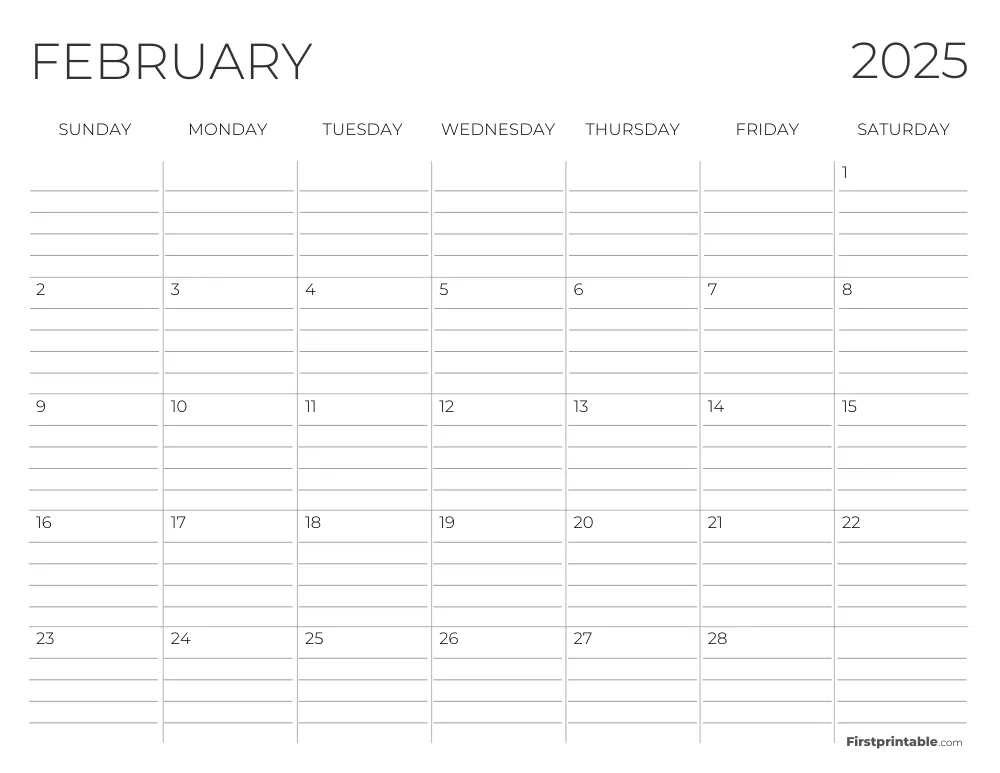 February 2025 Calendar with lines
