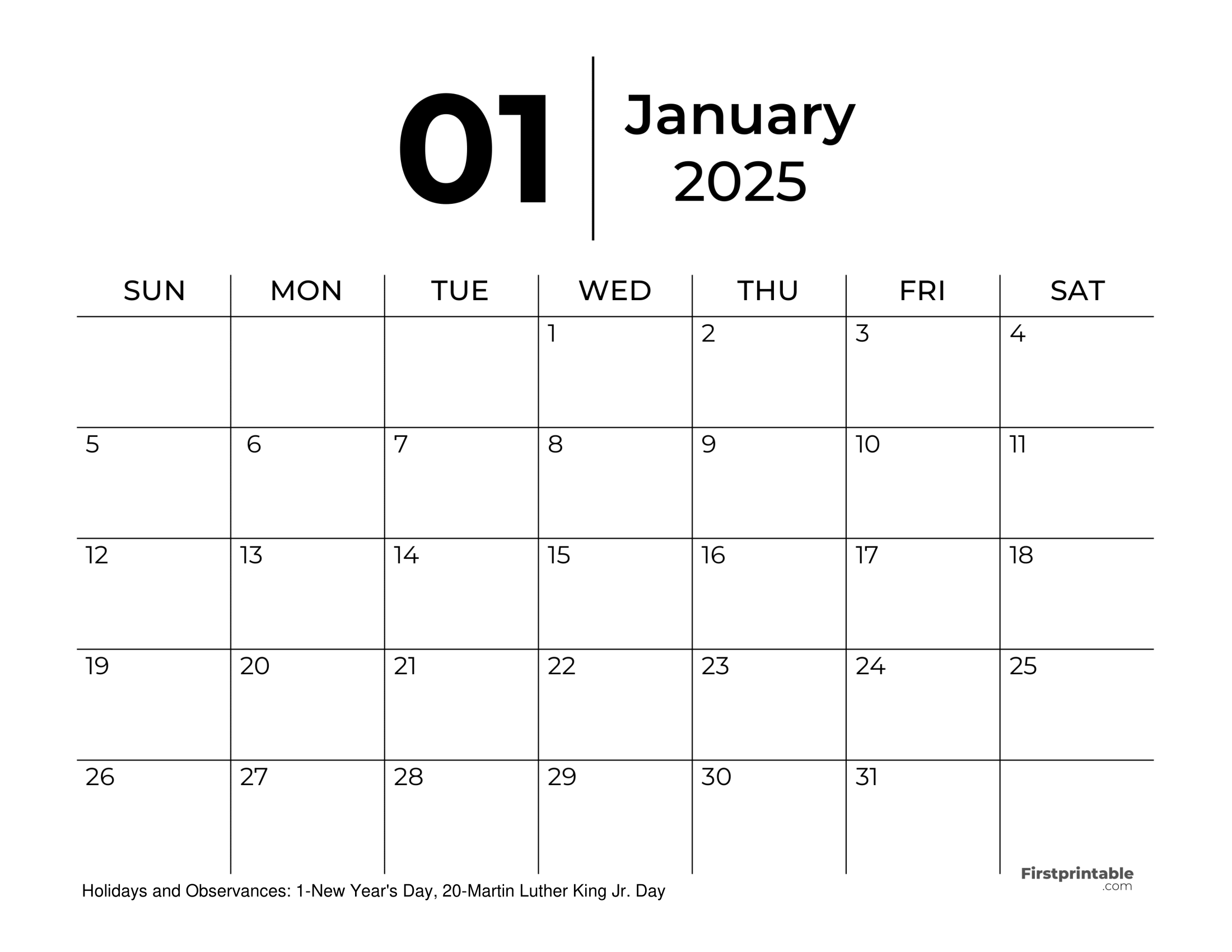 Free Printable January 2025 Calendar