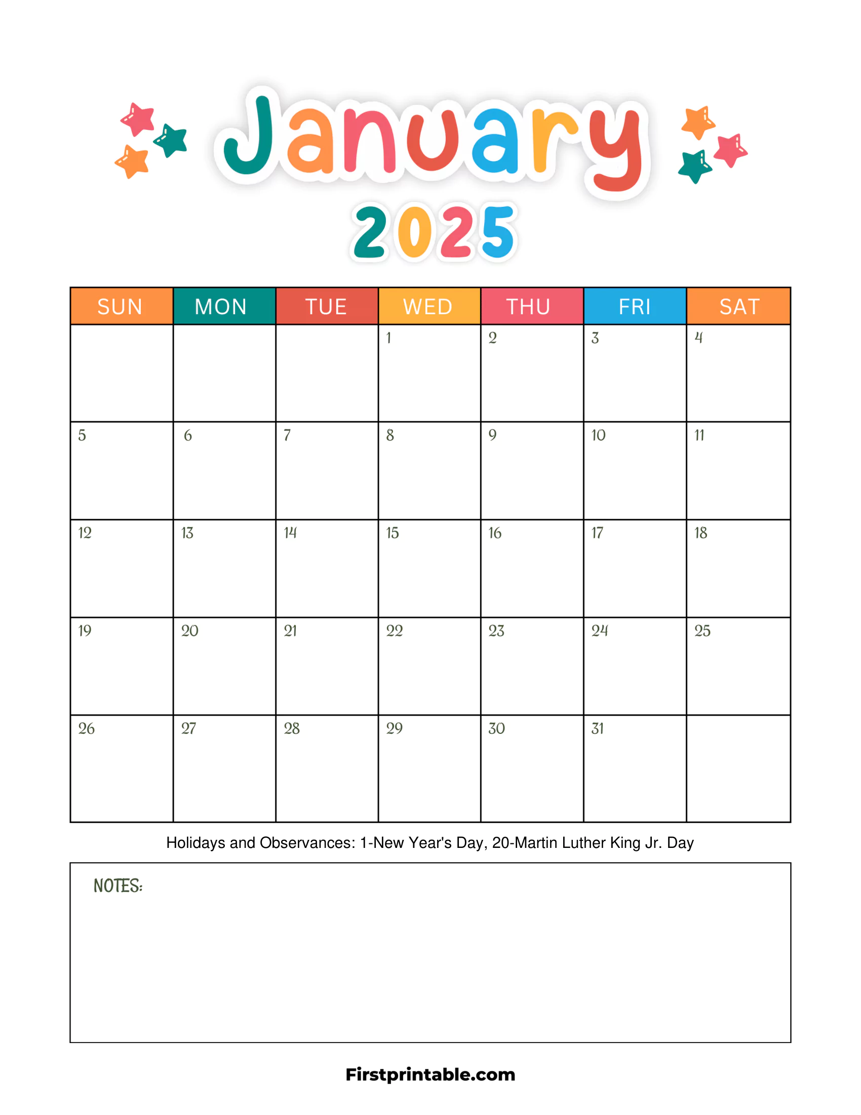 January 2025 Calendar Kids
