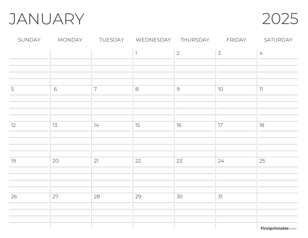 January 2025 Calendar with lines
