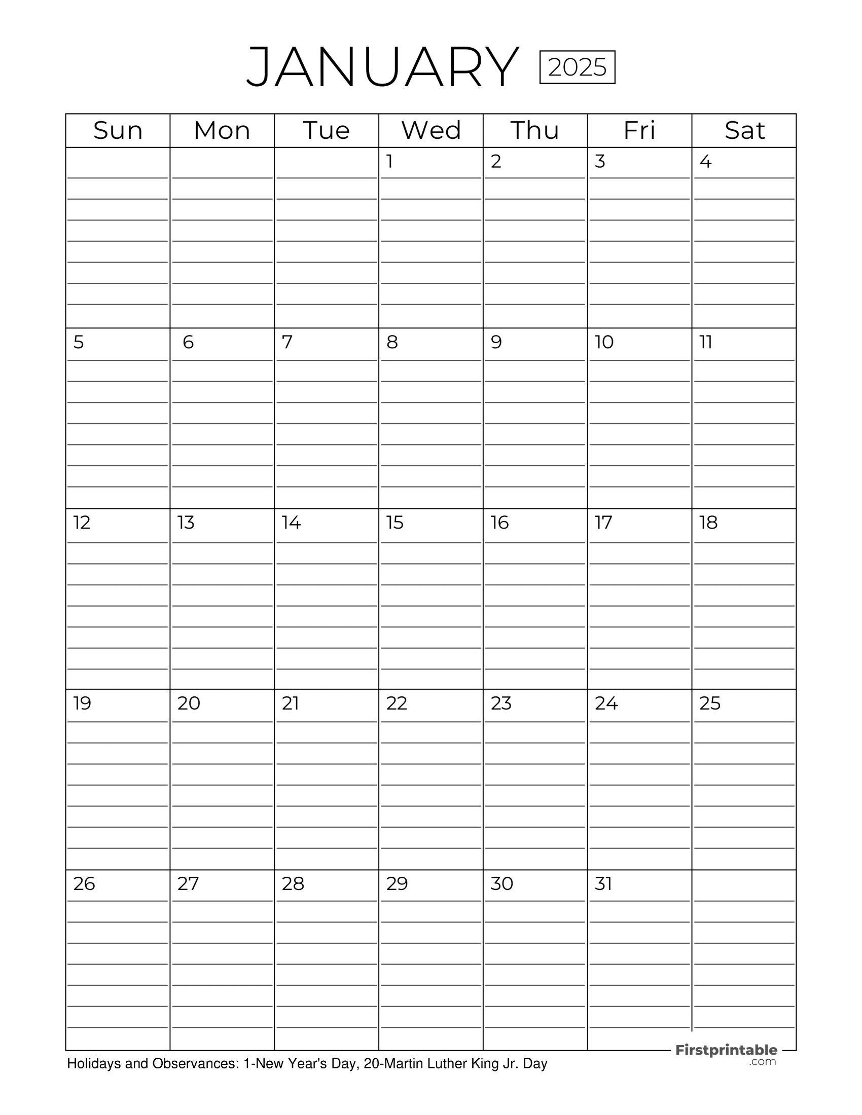 January Calendar 2025 with Lines