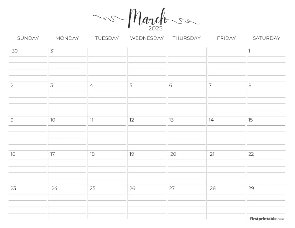 March 2025 Calendar with lines 02
