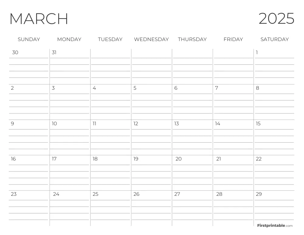 March 2025 Calendar with lines