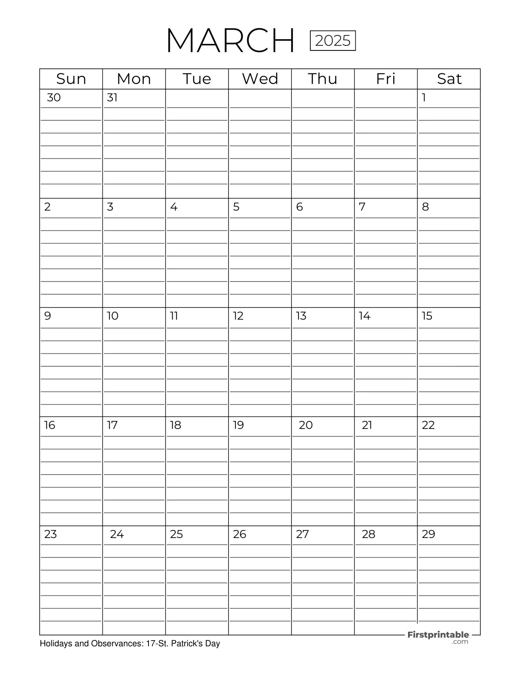 March Calendar 2025 with Lines