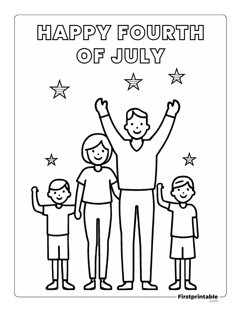 "Happy Fourth of July" with Family Coloring Page