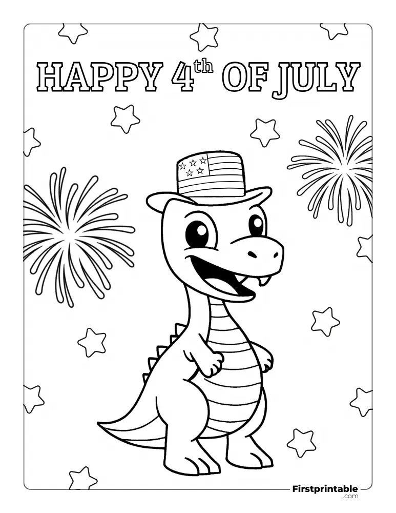 "Cute Dinosaur with fireworks" Coloring Page