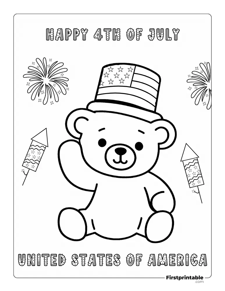 "Cute Teddy Bear" with Fireworks Coloring Page
