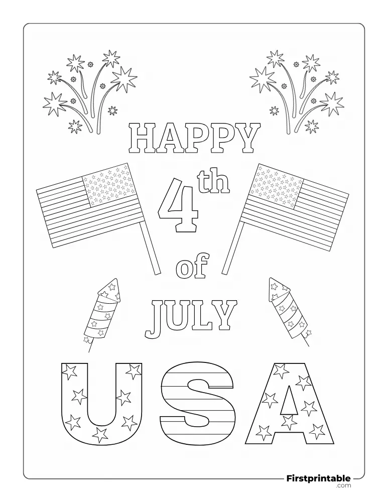 Print and Color "Happy 4th of July" with Fireworks