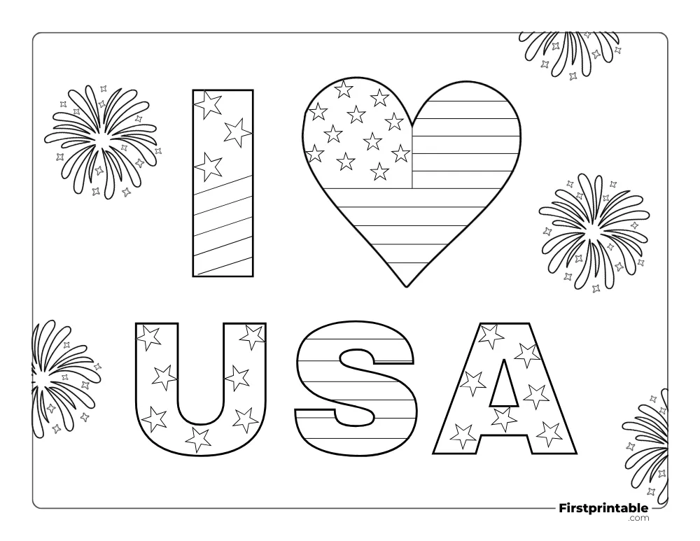 "I Love USA" with fireworks Coloring page