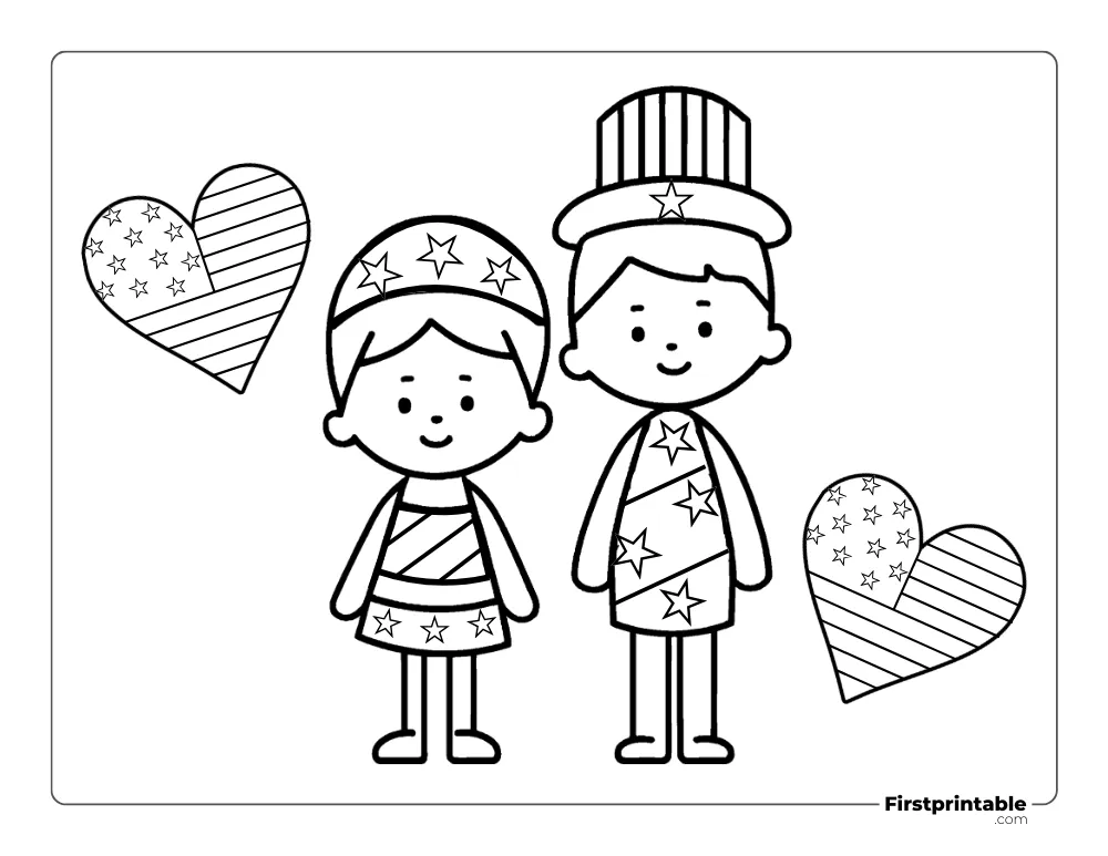 Cute kids with Patriotic Design coloring Page