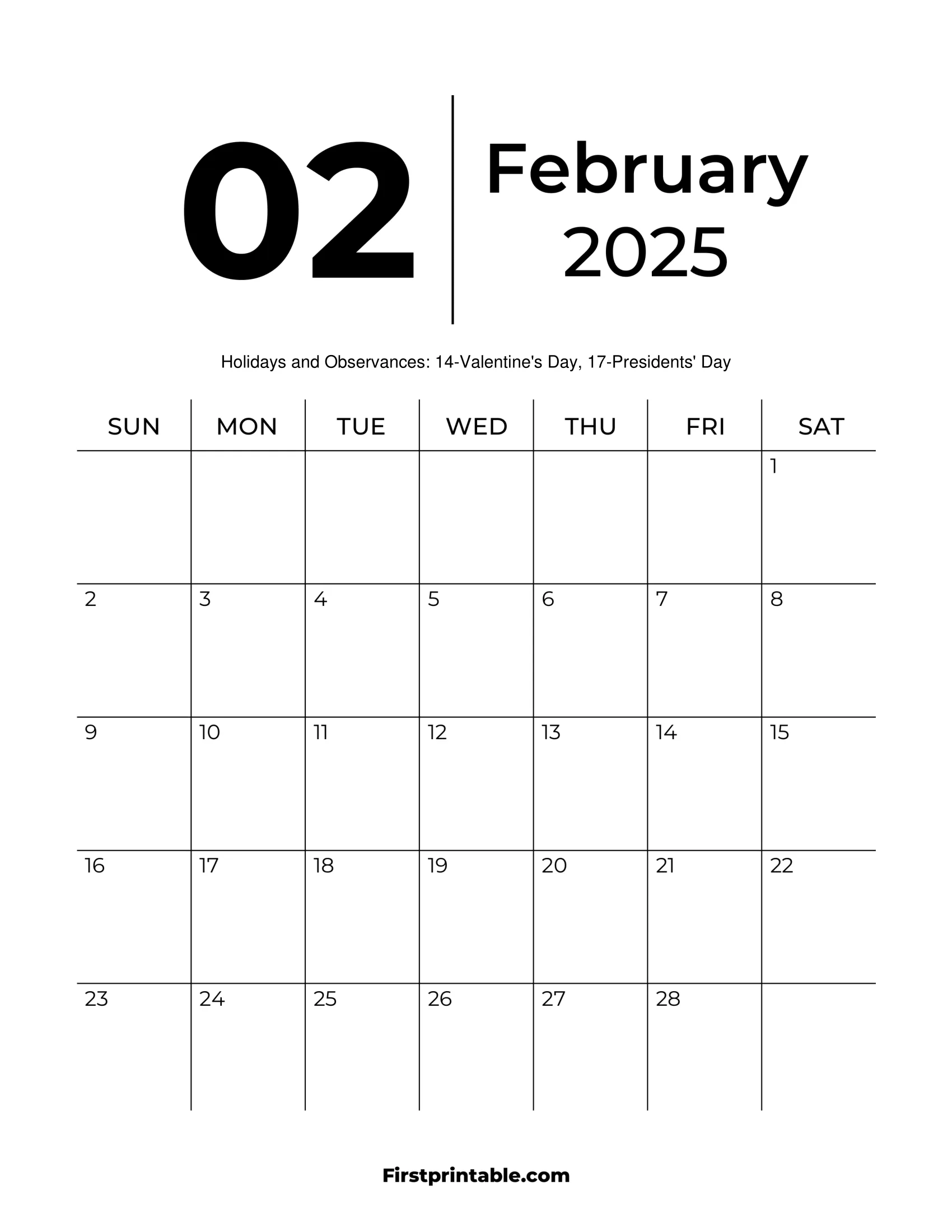 Printable February 2025 Calendar Template