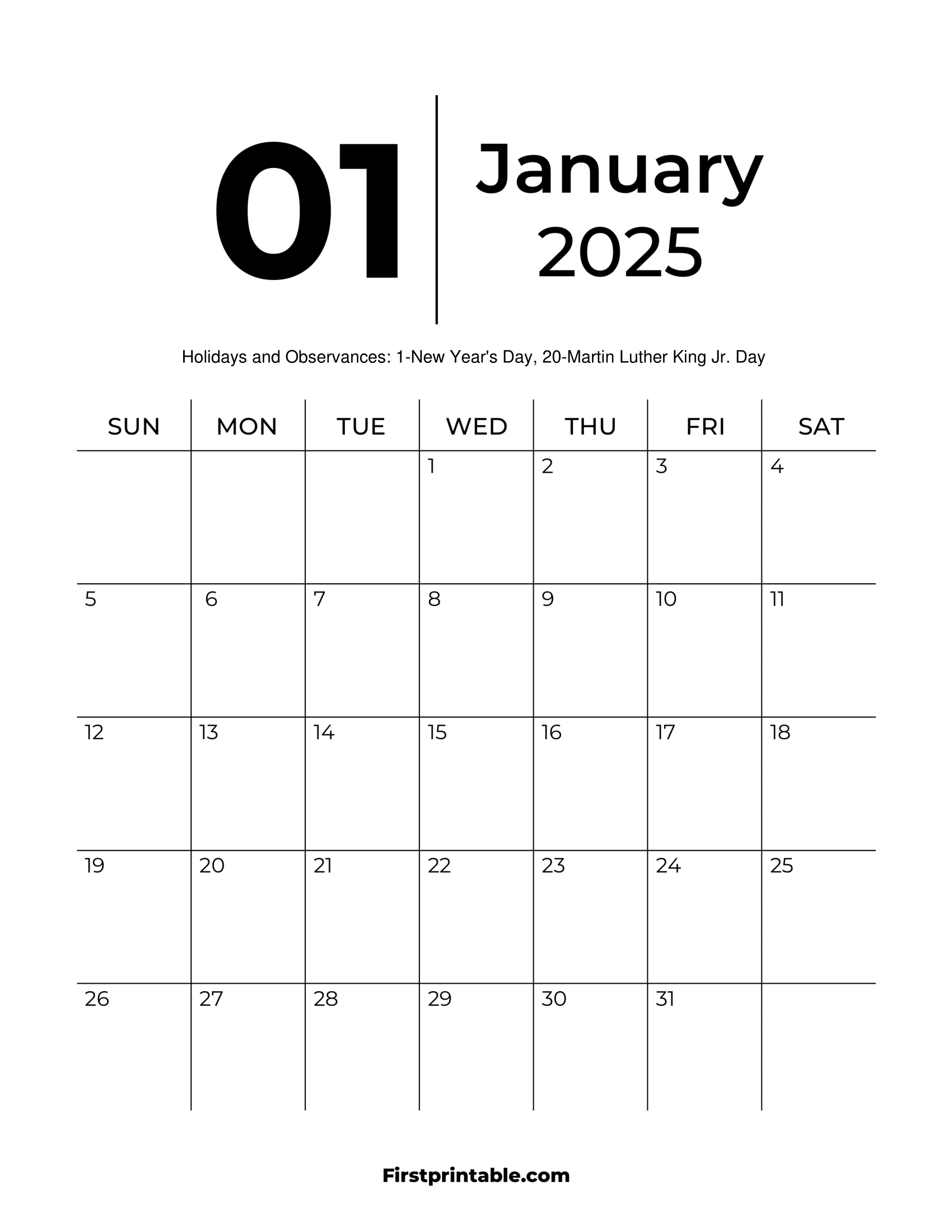 Printable January 2025 Calendar Template