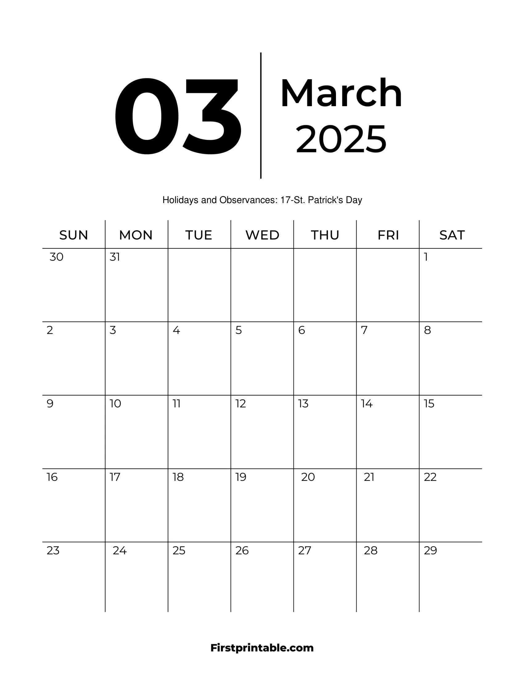 Printable March 2025 Calendar Template