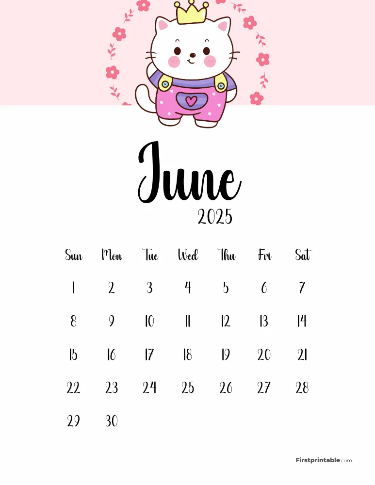 Cute Cat June 2025 Calendar
