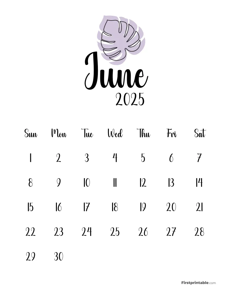 Cute Monstera June 2025 Calendar
