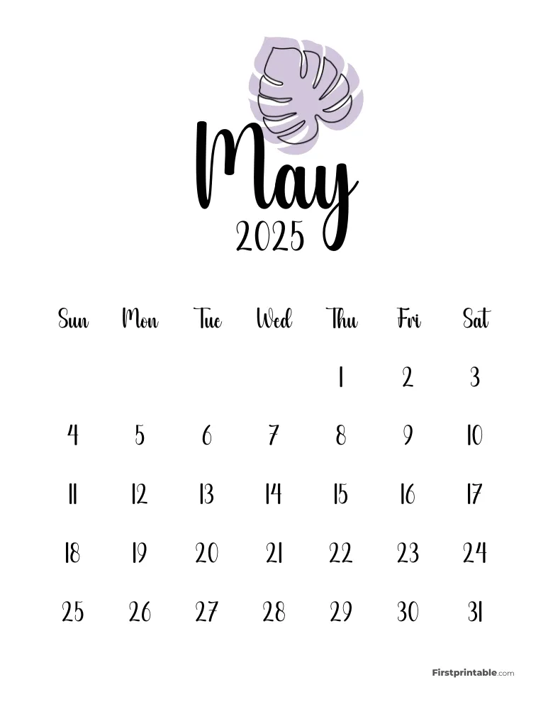 Cute Monstera May 2025 Calendar
