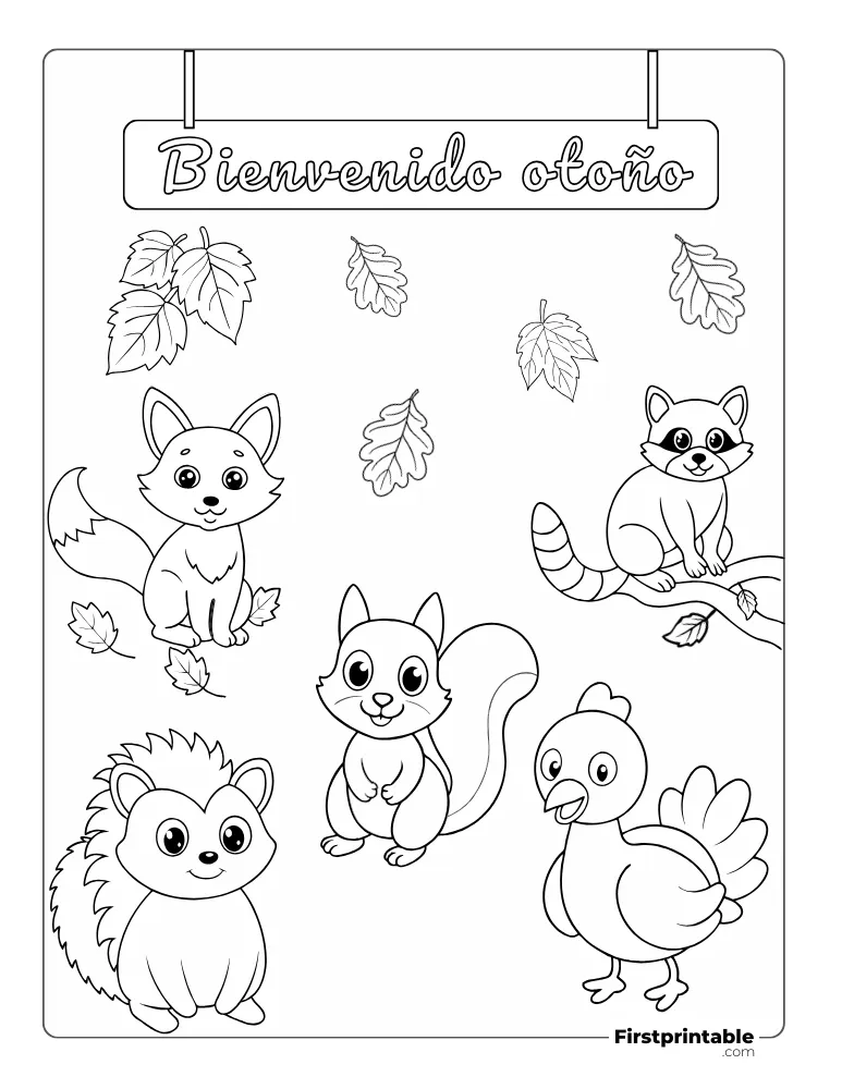 Dibujos para colorear de otoño Bienvenidos animales del bosque otoñal