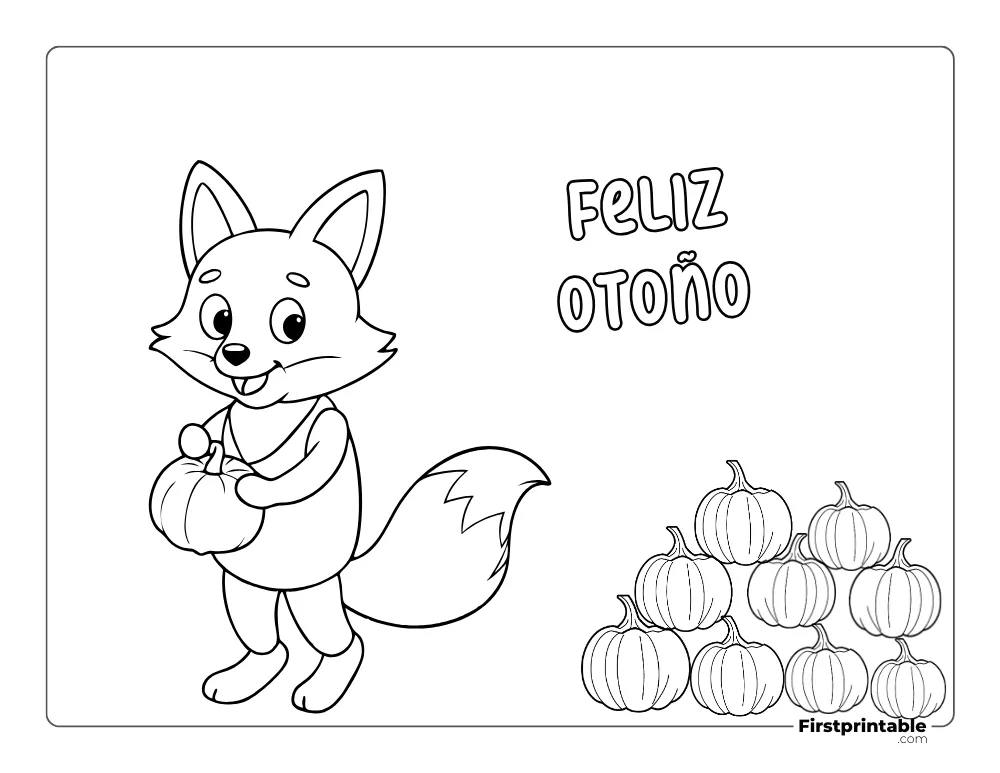 Dibujos para colorear de otoño Zorro y calabazas