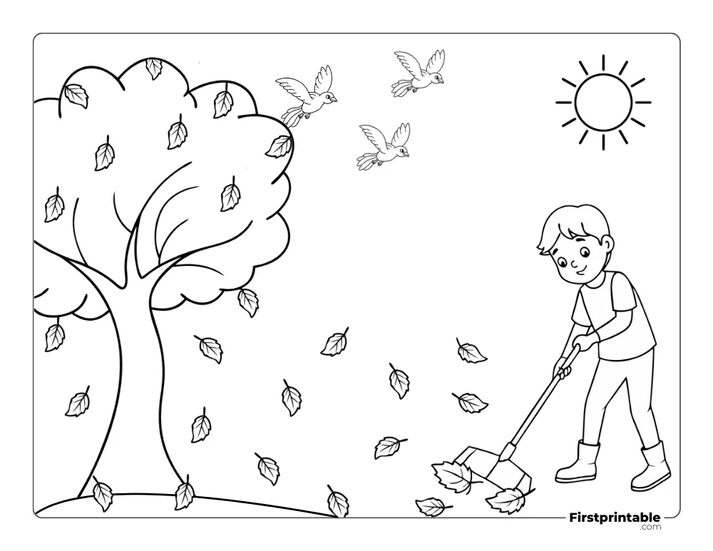 Boy Raking Leaves Fallen  coloring Sheet