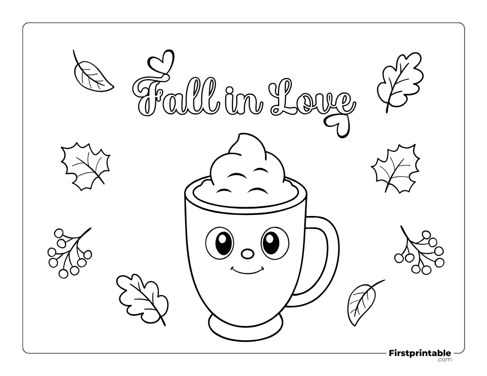 "Fall in Love" with Autumn Leaves coloring page 