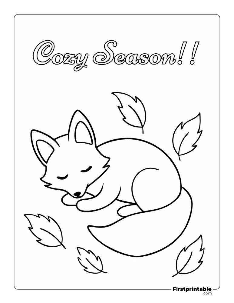 "Cozy Season" Woodland Fox sleeping Coloring page