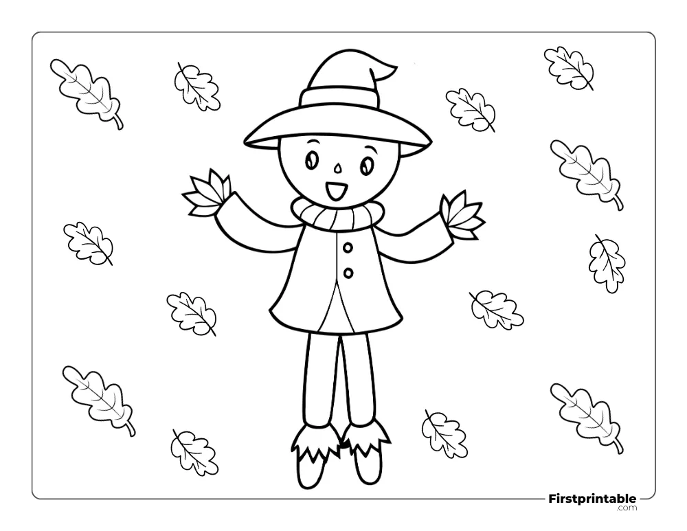 Cute Scarecrow with Autumn Leaves Coloring Pages