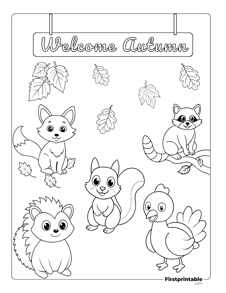 "Welcome Autumn" Woodland Animals Coloring Page