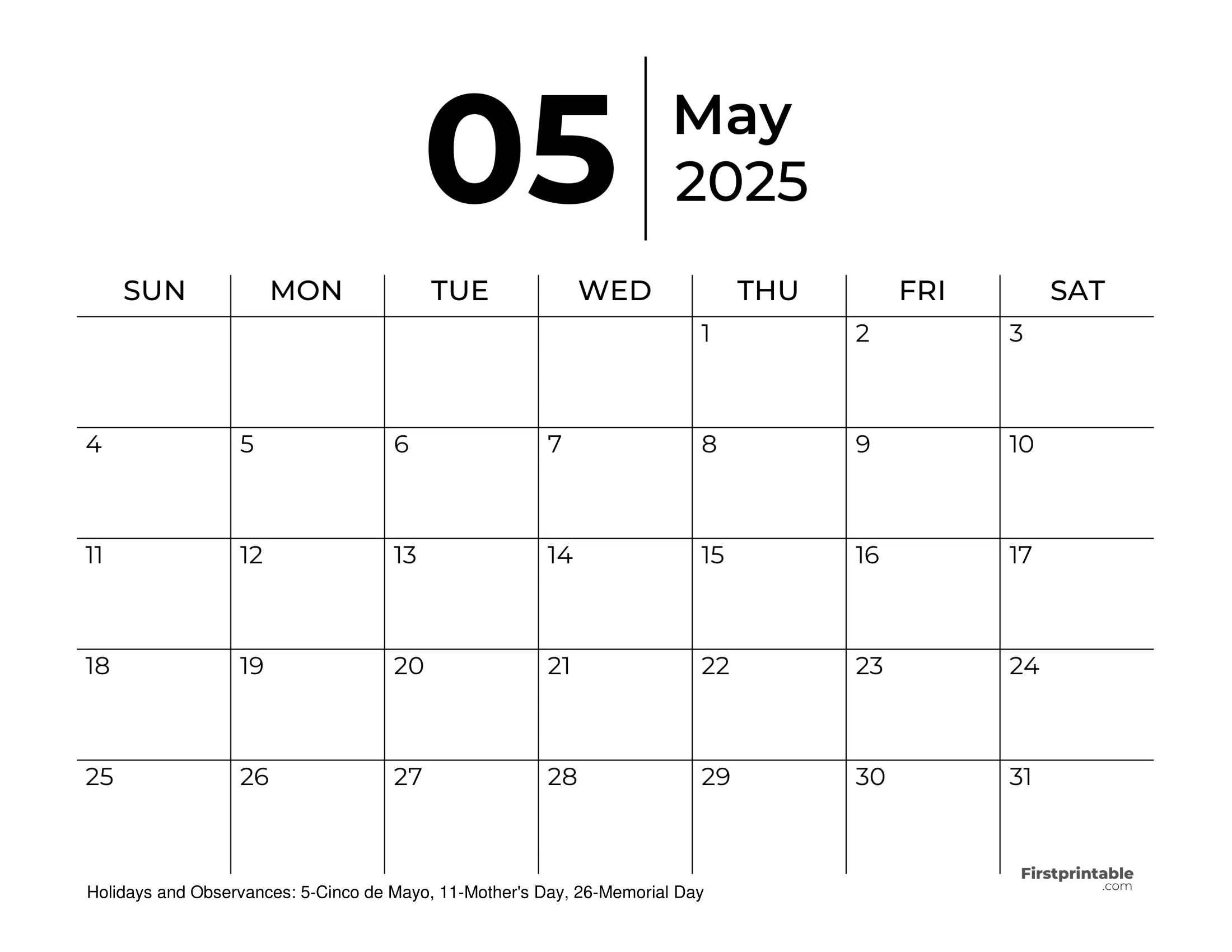 Free Printable May 2025 Calendar