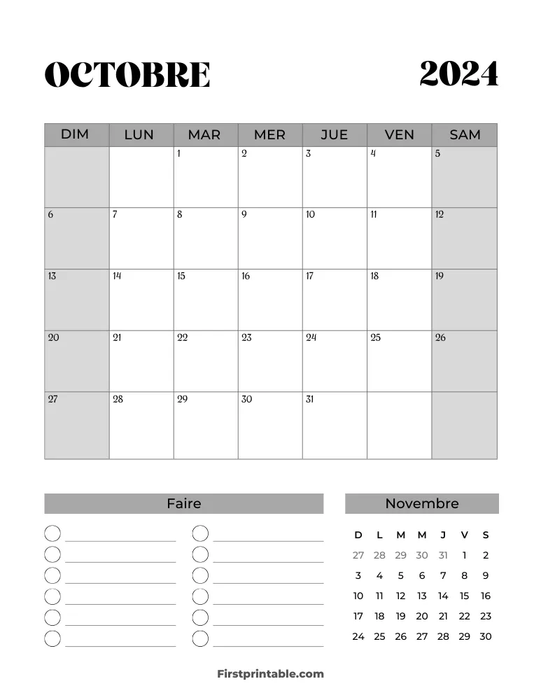 French Printable October Calendar 2024 Template 38