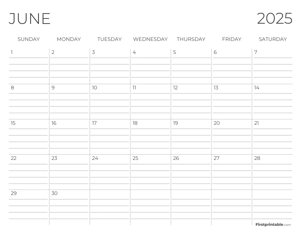 June 2025 Calendar with lines