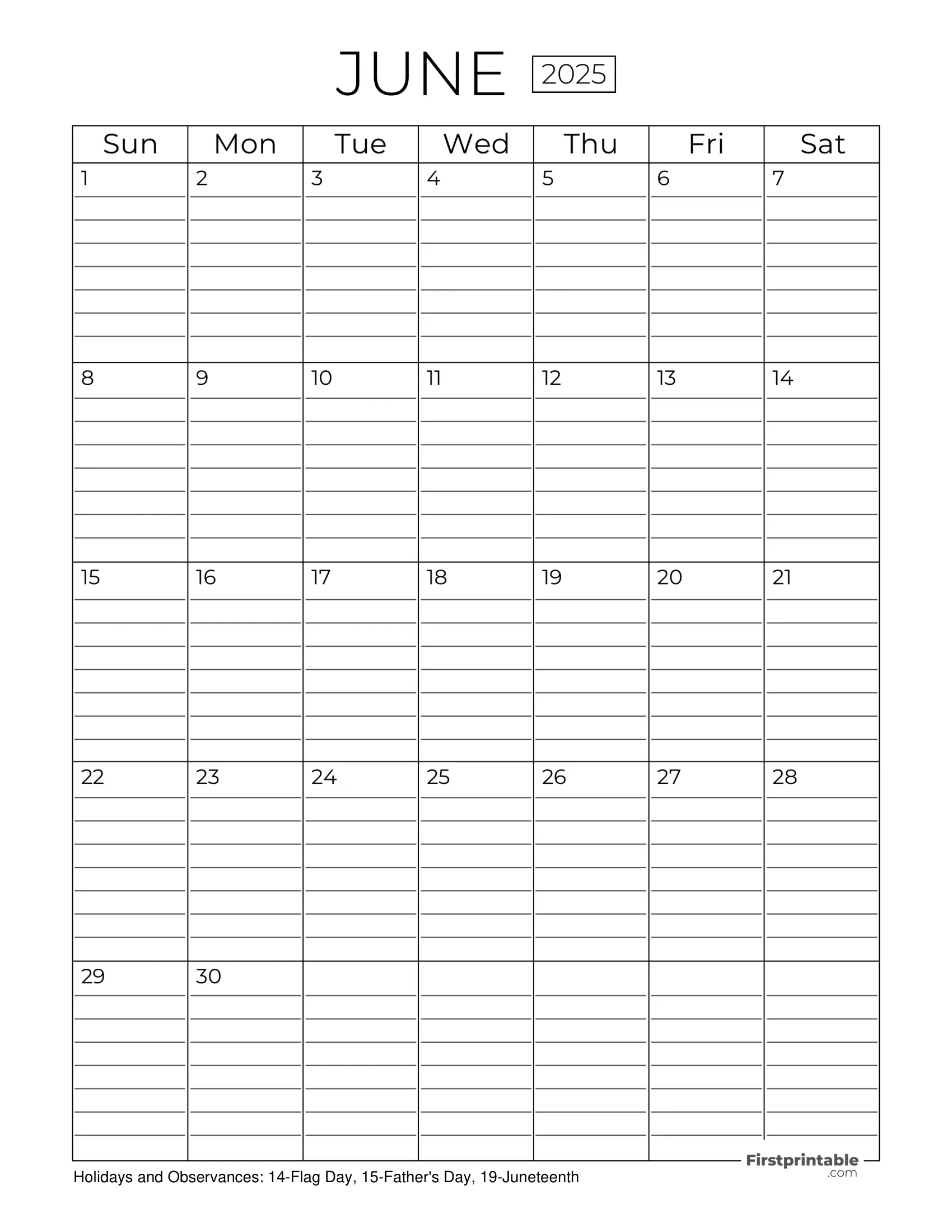 June Calendar 2025 with Lines
