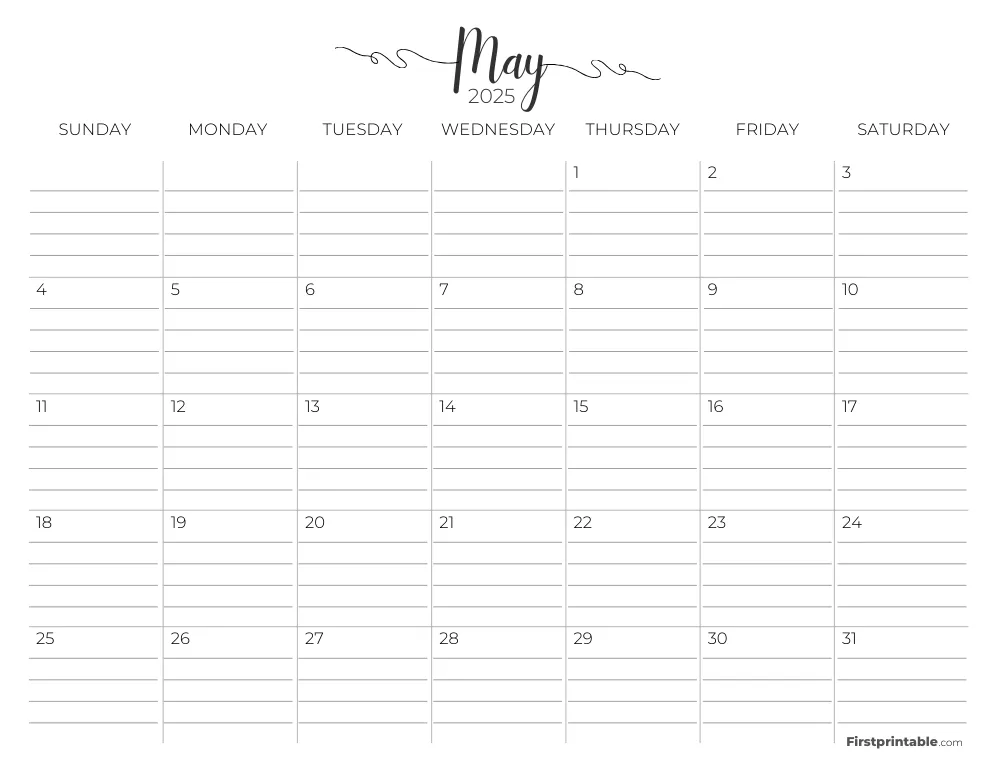 May 2025 Calendar with lines 02