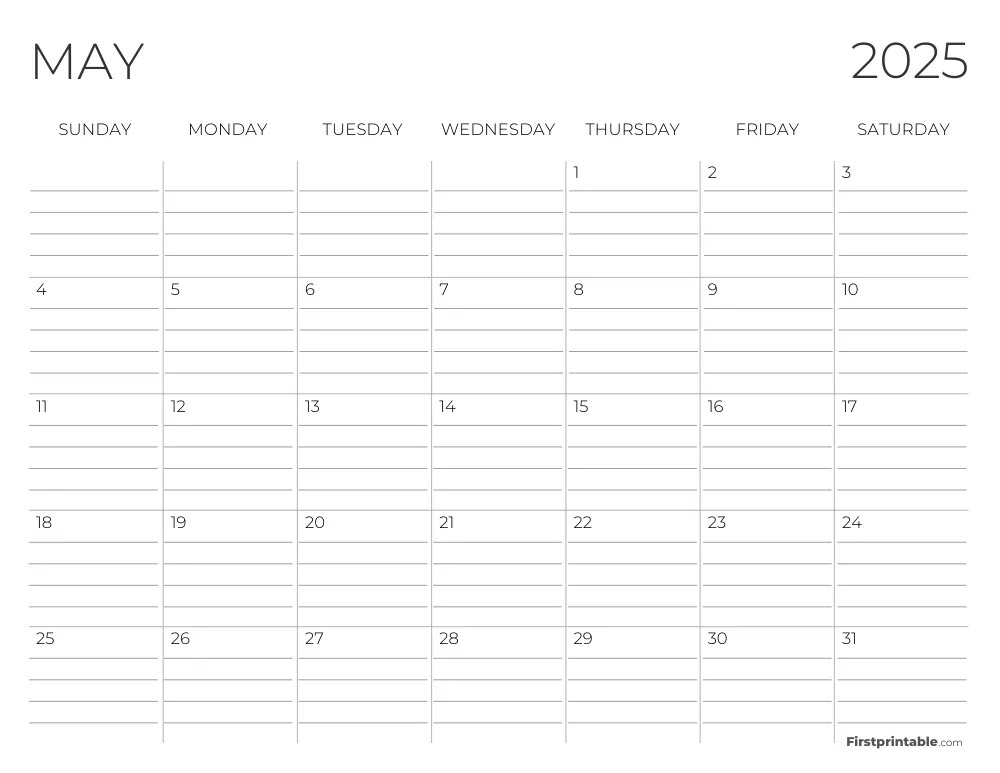 May 2025 Calendar with lines