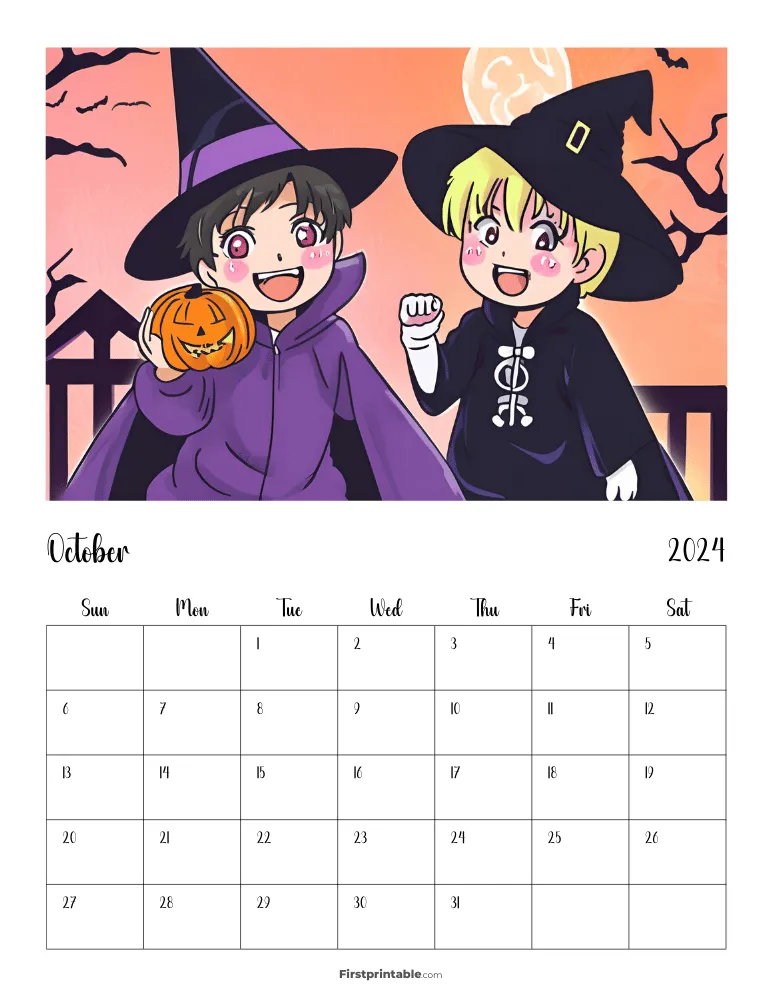 Printable October Anime Calendar 2024 Template 20