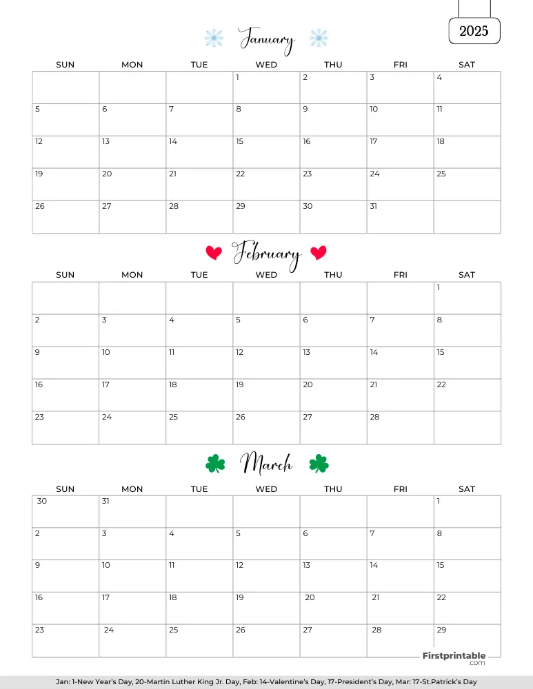 Printable Quarterly Calendar 2025 Q1 - Template 01