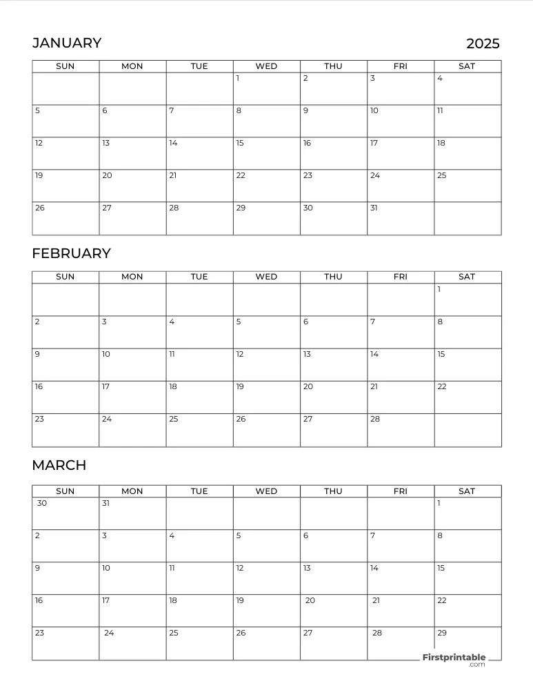 Printable Quarterly Calendar 2025 Q1 - Template 03