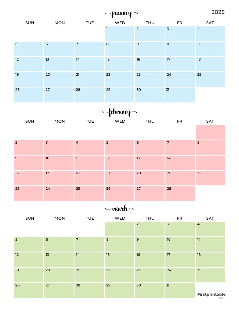 Printable Quarterly Calendar 2025 Q1 - Template 04