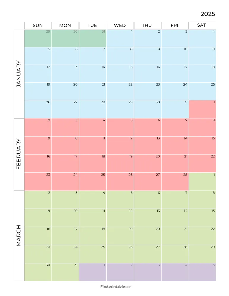 Printable Quarterly Calendar 2025 Q1 - Template 05