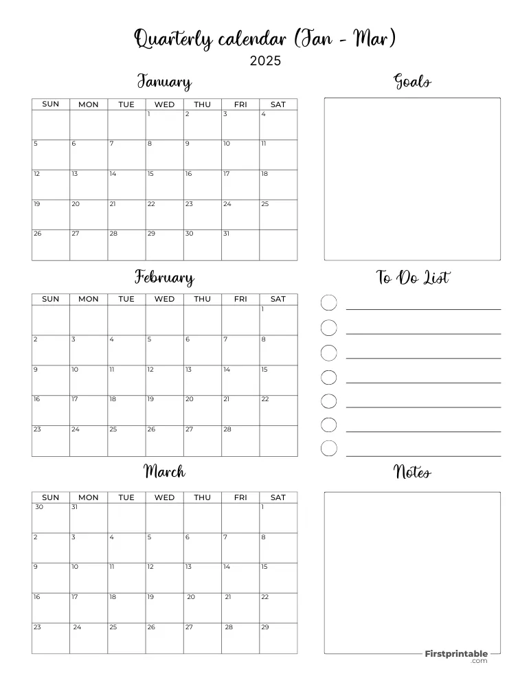 Printable Quarterly Calendar 2025 Q1 - Template 06