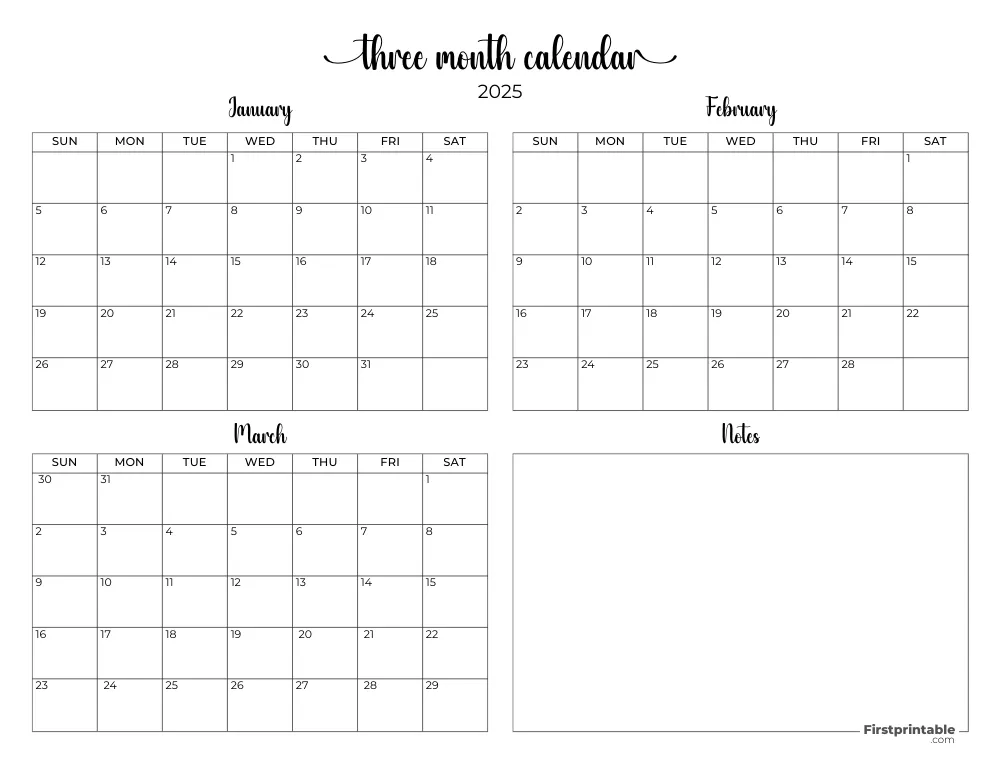 Printable Quarterly Calendar 2025 Q1 - Template 08