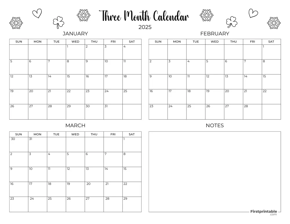 Printable Quarterly Calendar 2025 Q1 - Template 10