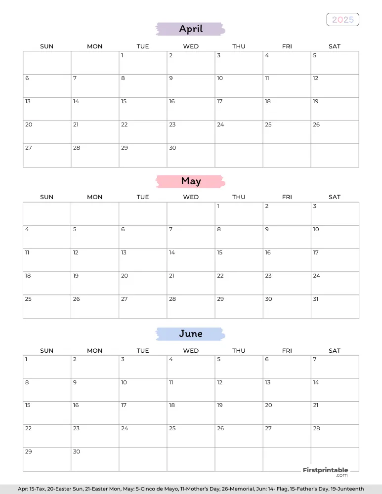 Printable Quarterly Calendar 2025 Q2 - Template 02