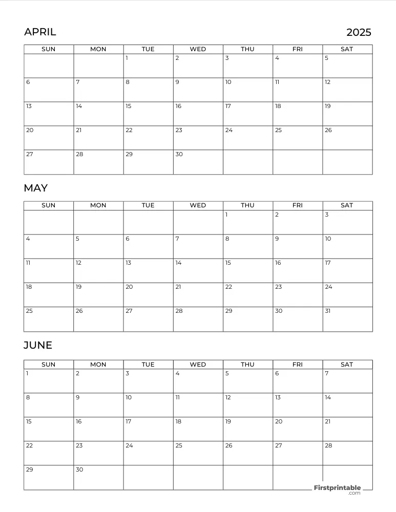 Printable Quarterly Calendar 2025 Q2 - Template 03