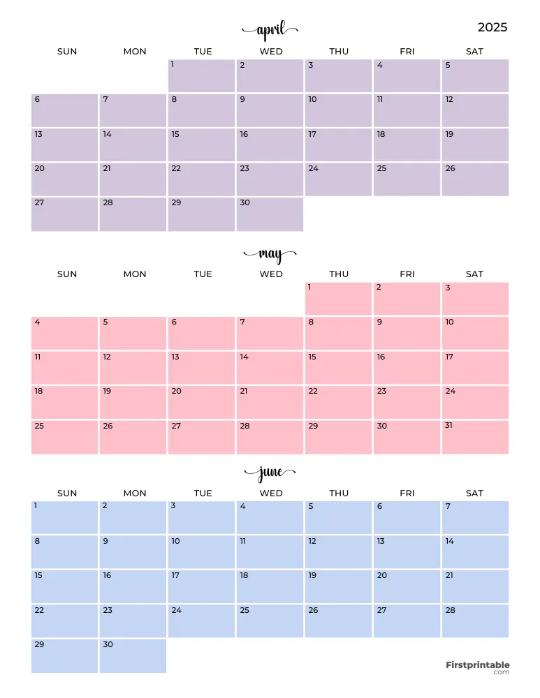 Printable Quarterly Calendar 2025 Q2 - Template 04